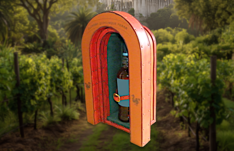 Bouteille de vin encadrée dans une porte colorée au milieu de vignes verdoyantes.