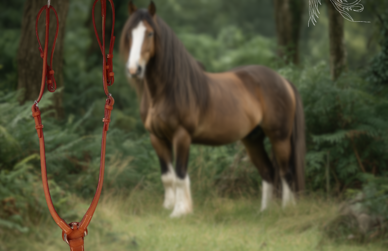 Un collier de chasse avec en arrière plan un cheval brun avec des marques blanches se tient dans une forêt verdoyante.