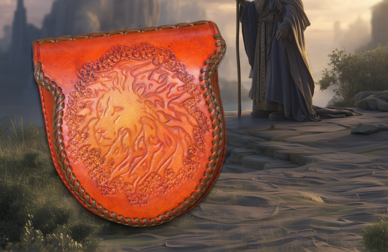 Sacoche en cuir orange ornée de motifs, avec un paysage de fond mystérieux.