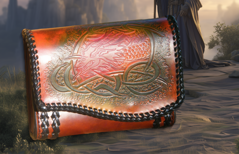 Sacoche en cuir rouge avec motifs gravés et couture noire.