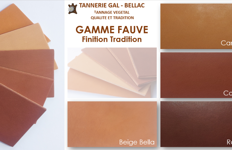 Échantillons de couleurs de cuir dans la gamme fauve, incluant plusieurs teintes.