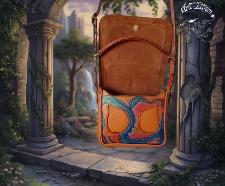 Sac en cuir marron avec des motifs colorés, suspendu dans un décor de ruines paisibles.
