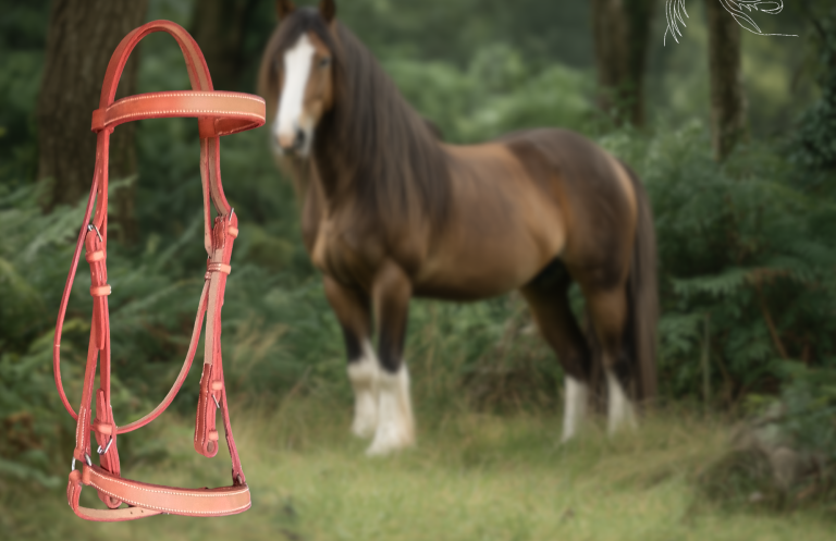 Haut cheval brun avec crins longs, entouré de végétation, un bridon en premier plan.