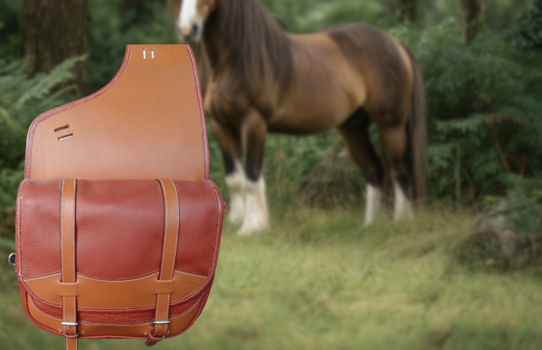 Une sacoche en cuir brun avec un cheval au fond dans un décor naturel.