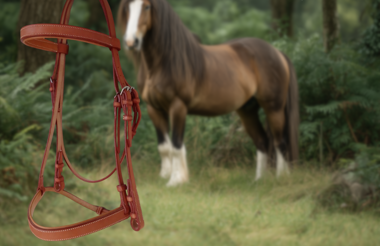 Harnais de cheval en cuir  avec un cheval à l'arrière-plan dans un environnement verdoyant.