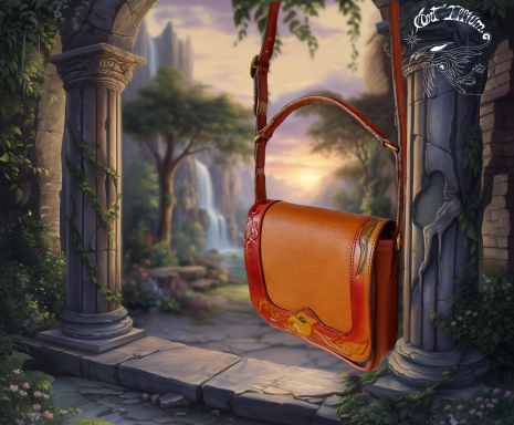 Sac en cuir orange suspendu dans un cadre de ruines avec une cascade en arrière-plan.