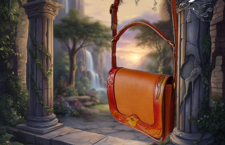 Sac à main ornée devant un paysage naturel avec des colonnes et une cascade.