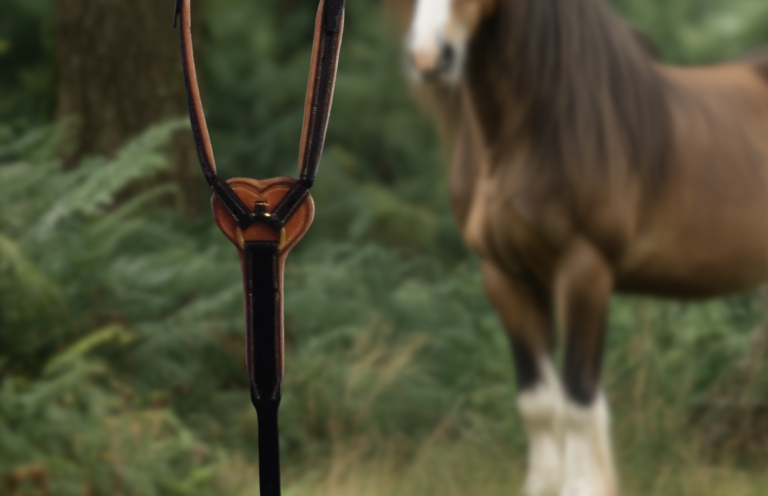Un collier de chasse en cuir avec un cheval en arrière-plan dans une forêt.