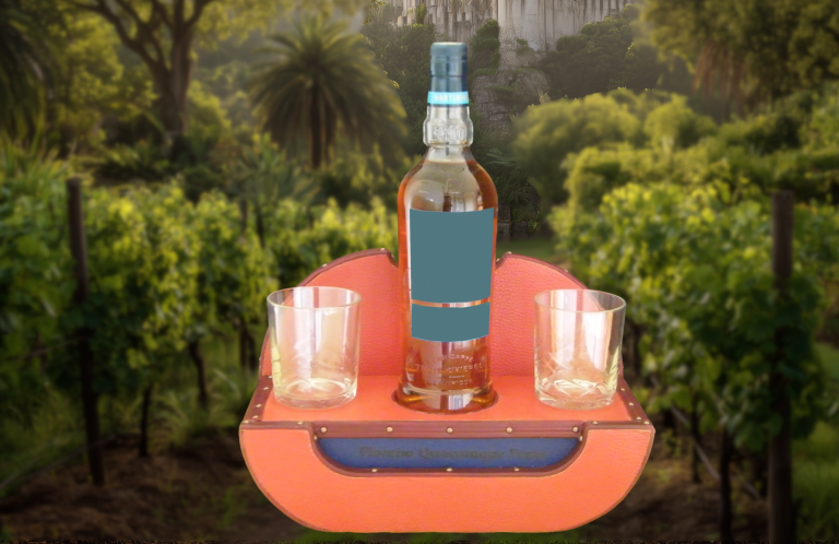 Bouteille de spiritueux posée sur un plateau avec deux verres, arrière-plan de vignoble.