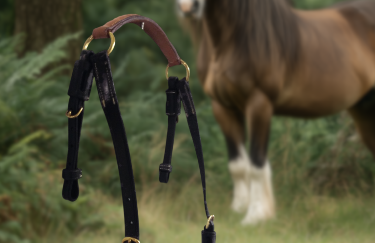 Harnais de cheval suspendu avec un cheval flou en arrière-plan.