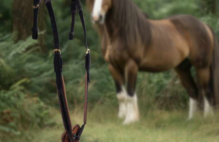 Harnachement équestre en premier plan, cheval brun en arrière-plan dans la nature.