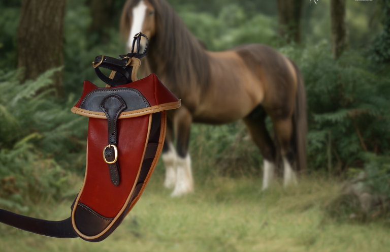 Des fontes en cuir avec un cheval en arrière-plan dans une forêt.